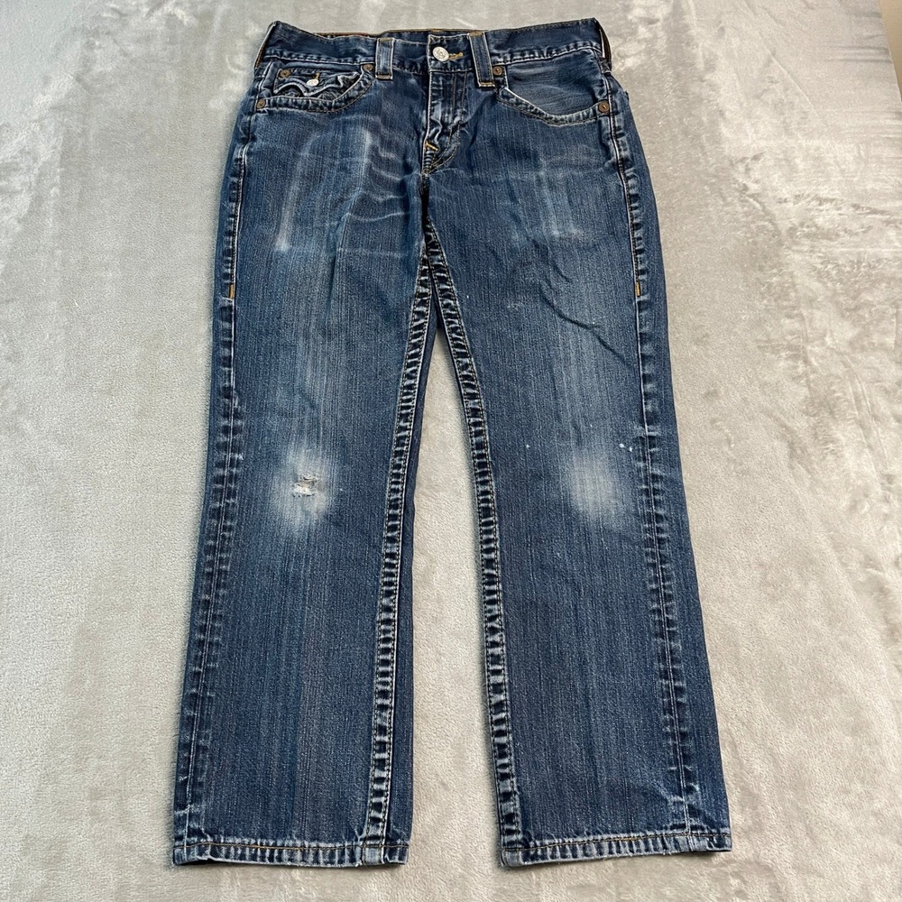 True Religion Straight Flap Pocket Blue Jeans 31x27 Faded Denim Distressed